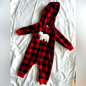 Carter’s  3 month fleece footless sleeper with polar bear red and black plaid